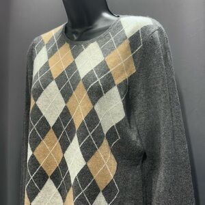 Geneva Vintage Inspired 100% Cashmere Argyle Light-Weight Sweater Size Large